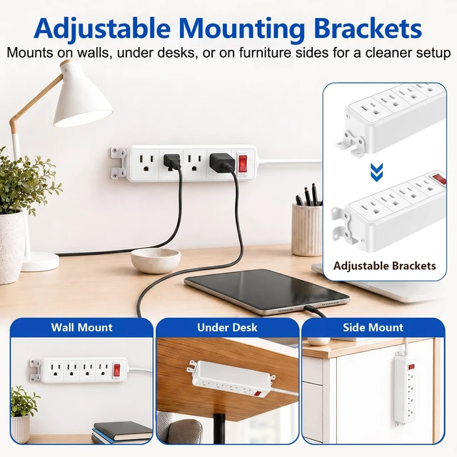 Alt view image 6 of 7 - 4 Outlet Small Power Strip, White, Mountable, 6 ft Cord | Wall Mount, Overload Protection Switch, 16AWG Flat Plug Extension Cord, for Home, Office, School, ETL Listed