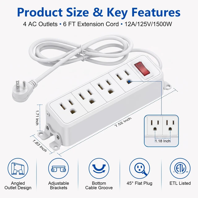 Alt view image 2 of 7 - 4 Outlet Small Power Strip, White, Mountable, 6 ft Cord | Wall Mount, Overload Protection Switch, 16AWG Flat Plug Extension Cord, for Home, Office, School, ETL Listed