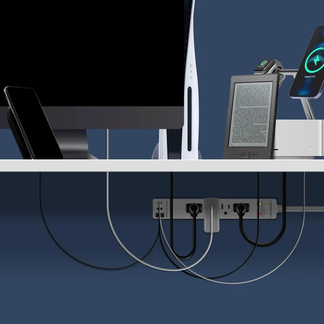 Alt view image 6 of 7 - Outlet Extender with 4 Receptacles, USB-A & 2 USB-C, 5ft Cord, 1250W | ETL Listed, 45 Degree Angle Flat-Plug, Matte White, 4-Outlet Power Strip, Surge Protector 1500 Joules, Ultra-Thin