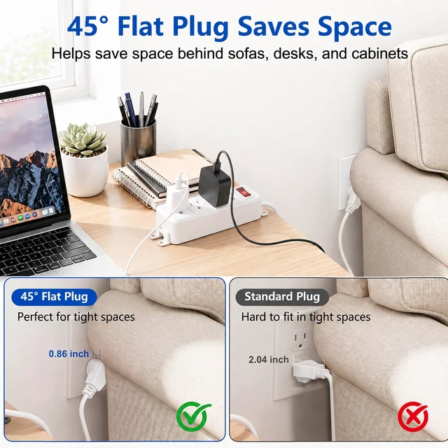 Alt view image 5 of 7 - 4 Outlet Small Power Strip, White, Mountable, 6 ft Cord | Wall Mount, Overload Protection Switch, 16AWG Flat Plug Extension Cord, for Home, Office, School, ETL Listed
