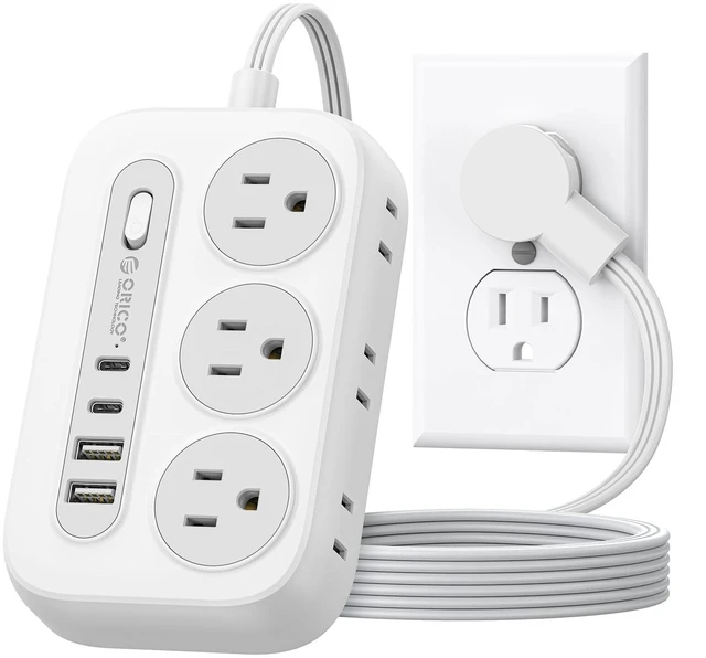 Main image of Surge Protector Power Strip, Multiple Outlets Extension Cord | 6 AC Outlets 2 USB-A and 2 USB-C Ports, 5 ft Flat Plug, Mountable Outlet Extender for Dorm/Office/Home ETL Listed