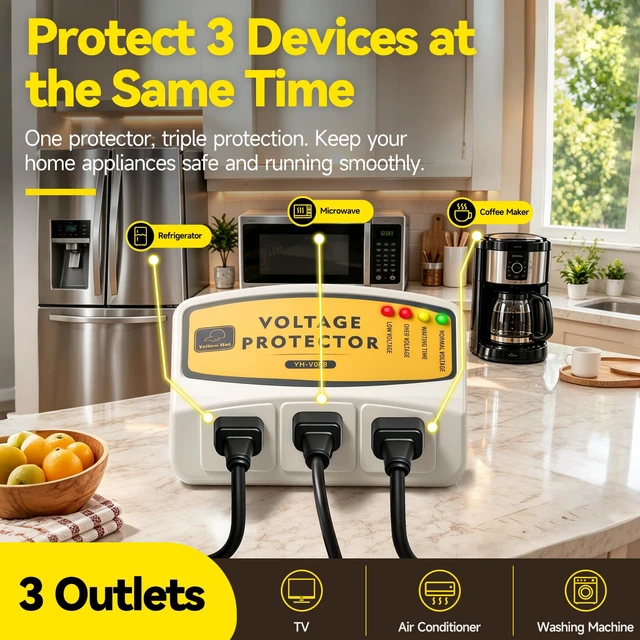Alt view image 5 of 7 - Surge Protector for Home Appliance, 3 Outlets 120V 12A 1440W, 1 Pack | Voltage Protector, Multi Function Plug with Protection Wall Mount Power Suppressor for Refrigerator TV PC AC