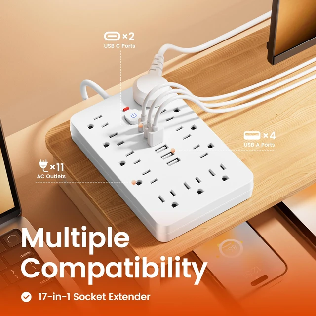 Alt view image 2 of 7 - Surge Protector Power Strip 10 Ft, 11AC Outlets, 4 USB and 2 USB C Ports, Extension Cord with Multiple Outlets, Portable Outlet Extender for Home Office Dorm Travel