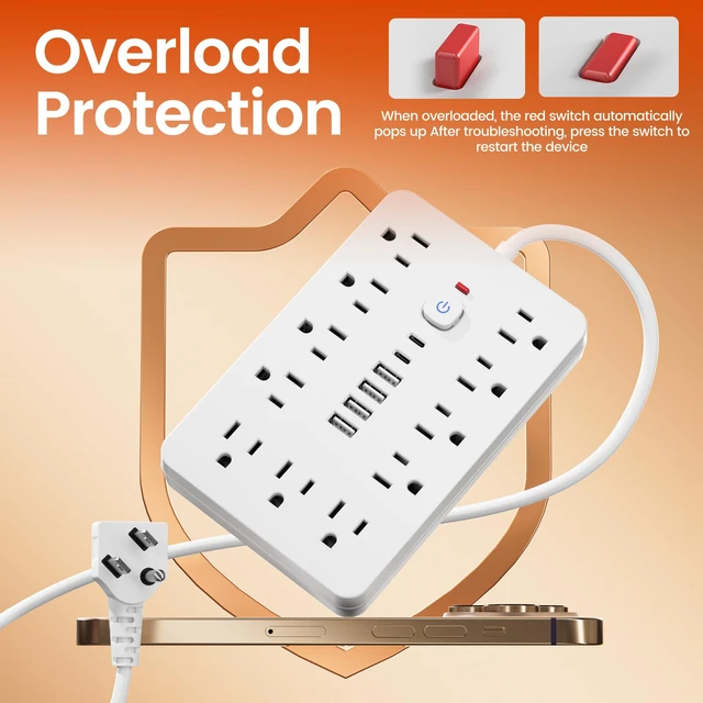 Alt view image 4 of 7 - Surge Protector Power Strip 10 Ft, 11AC Outlets, 4 USB and 2 USB C Ports, Extension Cord with Multiple Outlets, Portable Outlet Extender for Home Office Dorm Travel