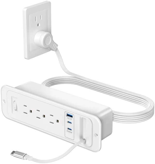 Main image of Recessed Power Strip,Retractable USB C Cable,65W USB C,White,6FT | Flush Mount Countertop Drawer Outlet, Furniture Hidden Outlet for Side Table,End Table,3 Outlets