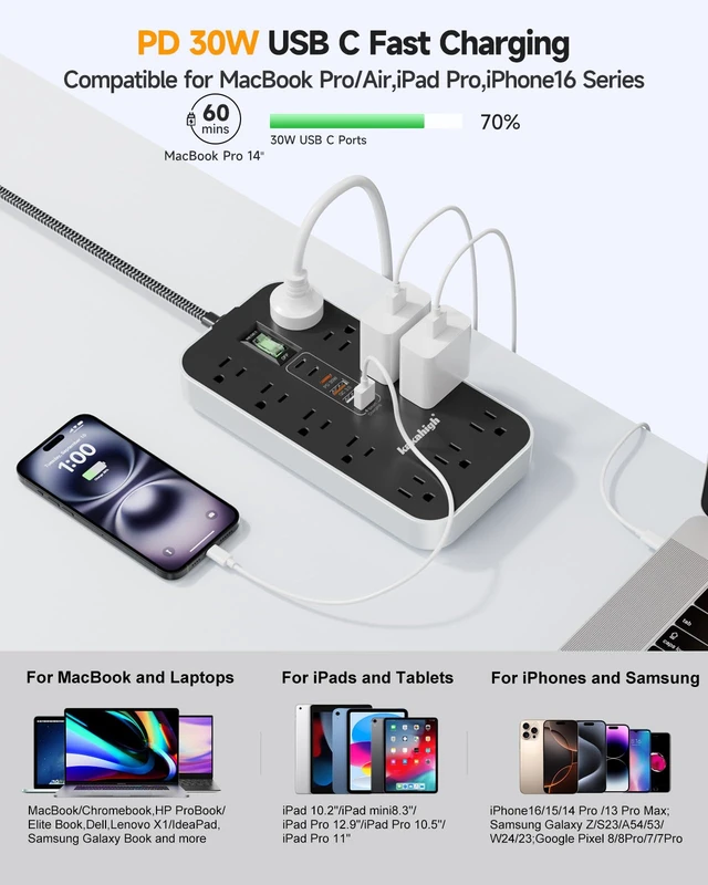 Alt view image 2 of 7 - PD30W USB Extension Cord with Multiple Outlets- 5 FT | 1625W AC Extension Cord with 11 AC Outlet 6 USB, Desk Charging Station for Home, Office, Dorm, Gaming Room Essentials