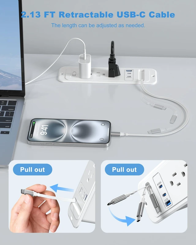 Alt view image 2 of 7 - Recessed Power Strip,Retractable USB C Cable,65W USB C,White,6FT | Flush Mount Countertop Drawer Outlet, Furniture Hidden Outlet for Side Table,End Table,3 Outlets