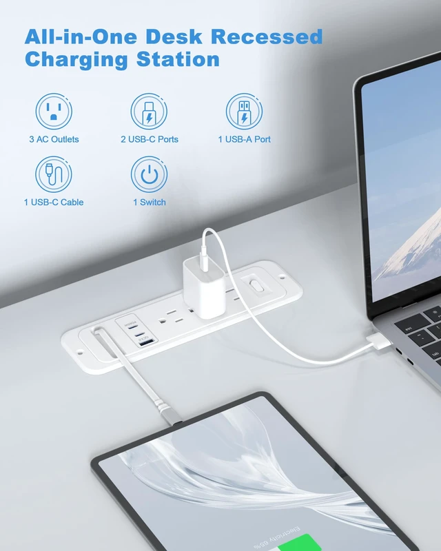 Alt view image 3 of 7 - Recessed Power Strip,Retractable USB C Cable,65W USB C,White,6FT | Flush Mount Countertop Drawer Outlet, Furniture Hidden Outlet for Side Table,End Table,3 Outlets