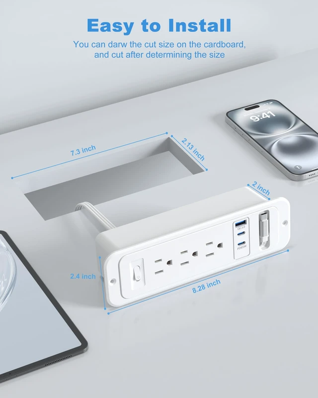Alt view image 6 of 7 - Recessed Power Strip,Retractable USB C Cable,65W USB C,White,6FT | Flush Mount Countertop Drawer Outlet, Furniture Hidden Outlet for Side Table,End Table,3 Outlets