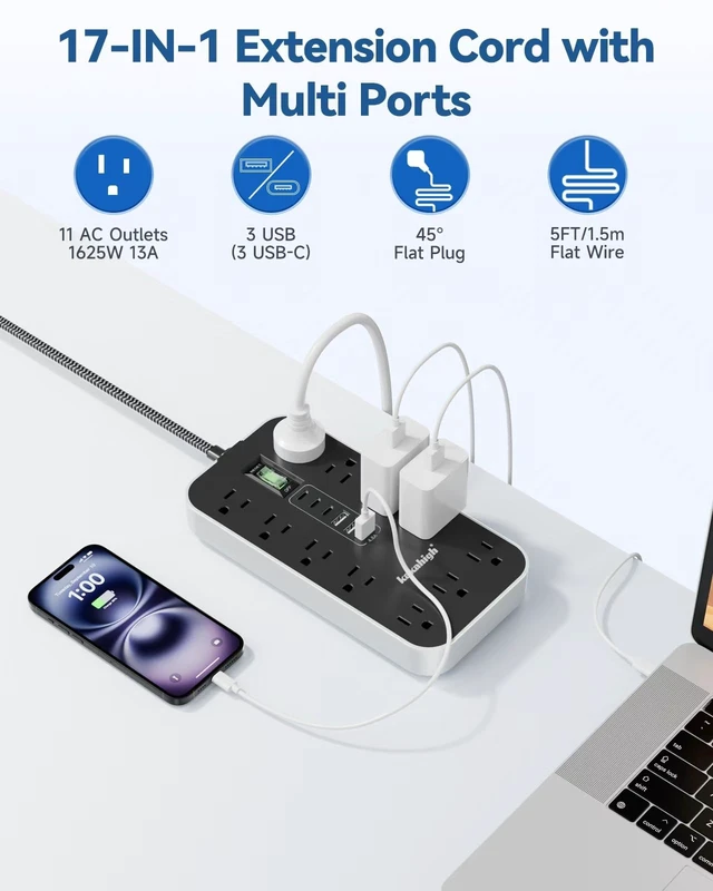 Alt view image 6 of 7 - PD30W USB Extension Cord with Multiple Outlets- 5 FT | 1625W AC Extension Cord with 11 AC Outlet 6 USB, Desk Charging Station for Home, Office, Dorm, Gaming Room Essentials