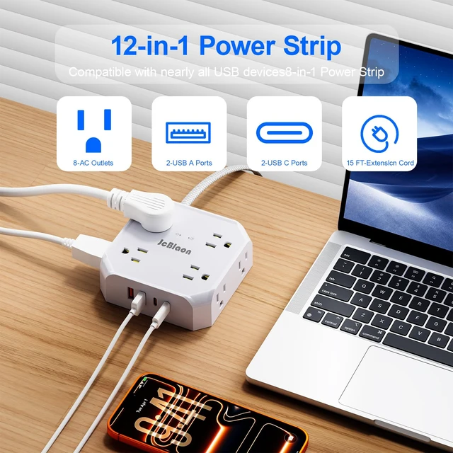 Alt view image 2 of 7 - Multiple Outlets Surge Protector Power Strip, 15ft Braided Long Extension Cord with 4 USB Charging Ports(2 USB C) Flat Wall Plug Outlet Heavy Duty Charging Station for Home College Dorm Essentials