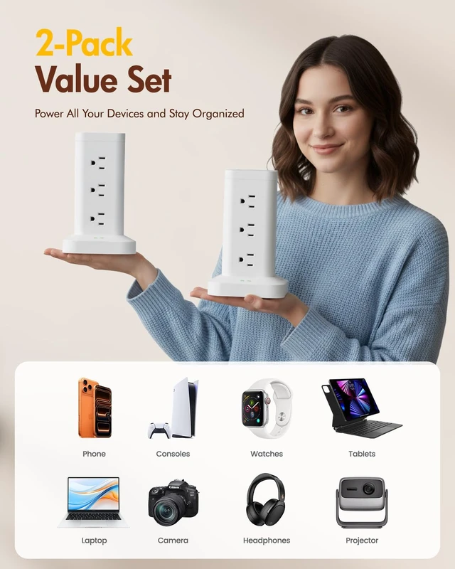 Alt view image 6 of 7 - 12AC 3USB Power Strip Tower Surge Protector 1800J, 10ft, White, 1 | Charging Station with 12 Outlets & 3 USB (1 PD20W USB C) Outlet Extender for Home Office College Dorm Room Essentials