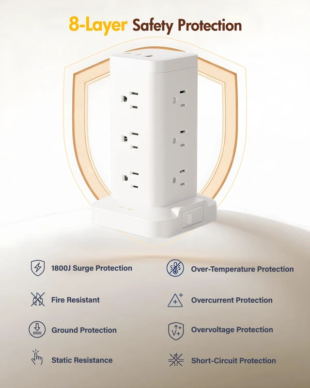Alt view image 7 of 7 - 12AC 3USB Power Strip Tower Surge Protector 1800J, 10ft, White, 1 | Charging Station with 12 Outlets & 3 USB (1 PD20W USB C) Outlet Extender for Home Office College Dorm Room Essentials