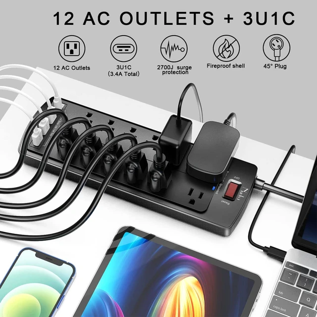 Alt view image 2 of 7 - Power Strip, Surge Protector with 12 Outlets and 4 USB Ports, 6 Feet Flat Plug Extension Cord for Home, Office, Dorm Essentials, 2700 Joules, ETL Listed, Black