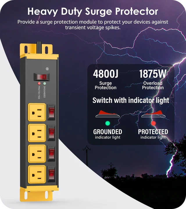 Alt view image 2 of 7 - 2PCS Heavy Duty Surge Protector, 12 Gauge, Yellow, 4FT. | Individual Switches, Outdoor Extension Cord with Multiple Outlets, Wall Mount Plug Extender, Grounding, Garage Power Strip