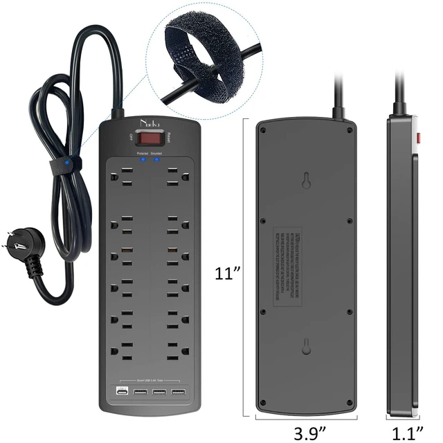 Alt view image 7 of 7 - Power Strip, Surge Protector with 12 Outlets and 4 USB Ports, 6 Feet Flat Plug Extension Cord for Home, Office, Dorm Essentials, 2700 Joules, ETL Listed, Black