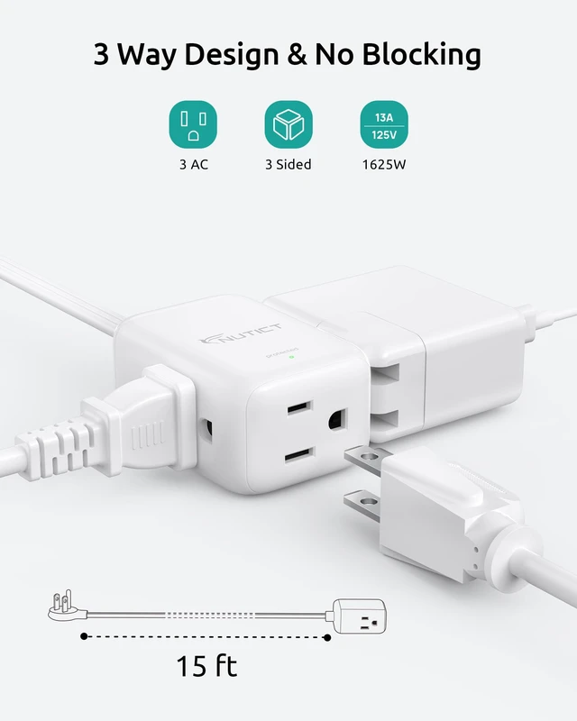 Alt view image 4 of 7 - 15FT Right Angle Flat Plug Extension Cord, Flat Outlet Extender 3 Prong | 3 Outlet Extender, Behind TV Bed Furniture Tight Space, ETL Listed, 13A/1625W, 16 AWG Low Profile 3 Prong Cord Run Under Rugs