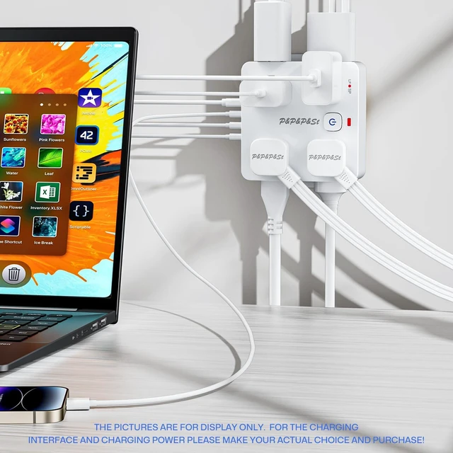 Alt view image 4 of 7 - Surge Protected Power Strip,4USB Ports,PD 35W Fast Charging | Features 8 outlets & 4 USBs (1A+3C),Plug-in,with overload & lightning protection,UL certified.