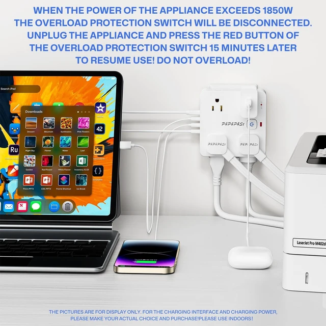 Alt view image 6 of 7 - Surge Protected Power Strip,4USB Ports,PD 35W Fast Charging | Features 8 outlets & 4 USBs (1A+3C),Plug-in,with overload & lightning protection,UL certified.