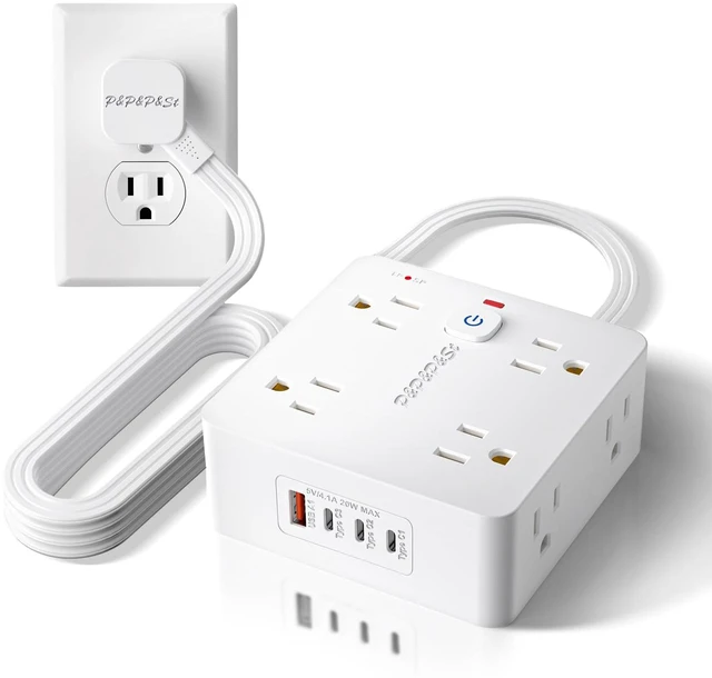 Main image of Surge Protected Power Strip,4 USB Ports,Steady 20W Charging,5Ft, | Features 8 outlets & 4 USBs (1A+3C),5-foot flat plug extension cable,with overload & lightning protection,UL certified.