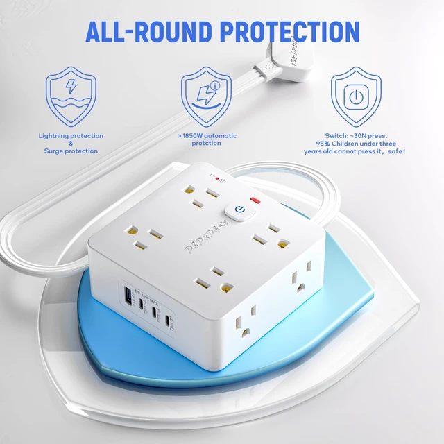 Alt view image 2 of 7 - Surge Protected Power Strip,4 USB Ports,Steady 20W Charging,5Ft, | Features 8 outlets & 4 USBs (1A+3C),5-foot flat plug extension cable,with overload & lightning protection,UL certified.