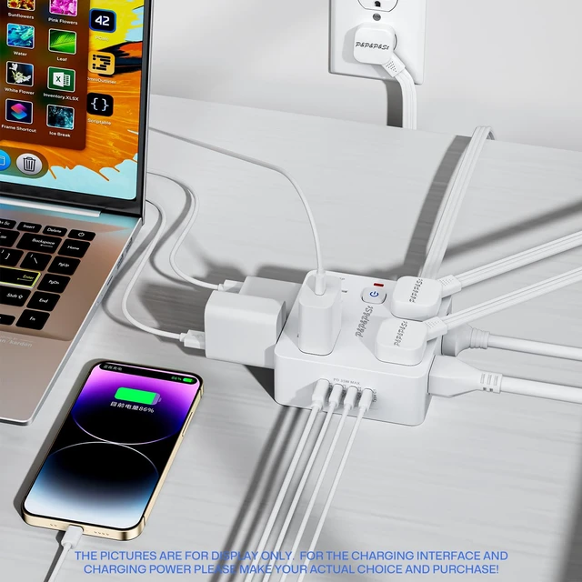 Alt view image 4 of 7 - Surge Protected Power Strip,4 USB Ports,Steady 20W Charging,5Ft, | Features 8 outlets & 4 USBs (1A+3C),5-foot flat plug extension cable,with overload & lightning protection,UL certified.