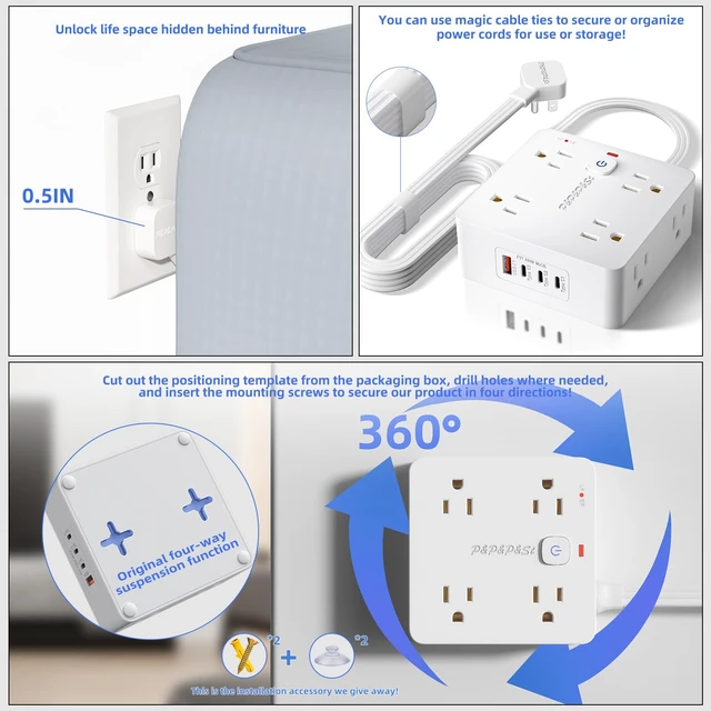 Alt view image 7 of 7 - Surge Protected Power Strip,4 USB Ports,Steady 20W Charging,5Ft, | Features 8 outlets & 4 USBs (1A+3C),5-foot flat plug extension cable,with overload & lightning protection,UL certified.