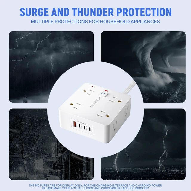 Alt view image 5 of 7 - Surge Protected Power Strip,4 USB Ports,Steady 20W Charging,5Ft, | Features 8 outlets & 4 USBs (1A+3C),5-foot flat plug extension cable,with overload & lightning protection,UL certified.
