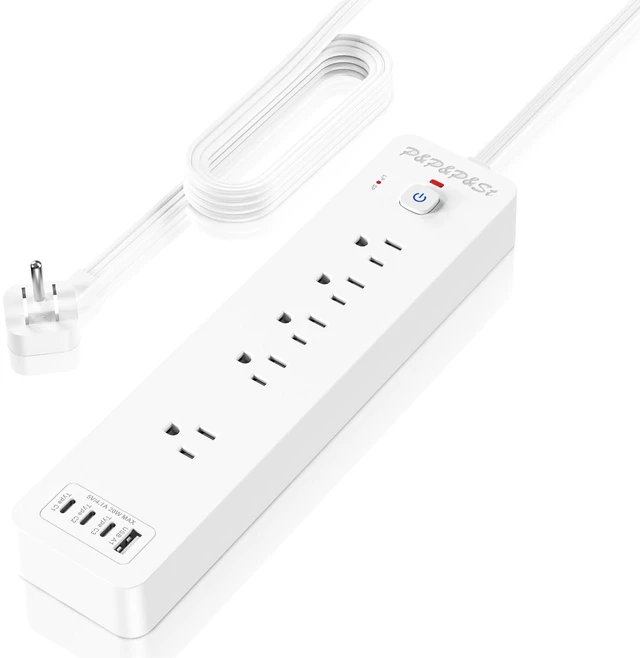 Main image of Surge Protected Power Strip,4 USB Ports,Steady 20W Charging,5Ft, | Features 5 outlets & 4 USBs (1A+3C),5-foot flat plug extension cable,with overload & lightning protection,UL certified.