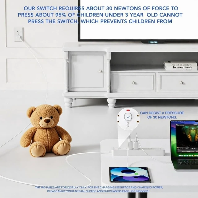 Alt view image 3 of 4 - Surge Protected Power Strip,4 USB Ports,Steady 20W Charging,5Ft, | Features 5 outlets & 4 USBs (1A+3C),5-foot flat plug extension cable,with overload & lightning protection,UL certified.