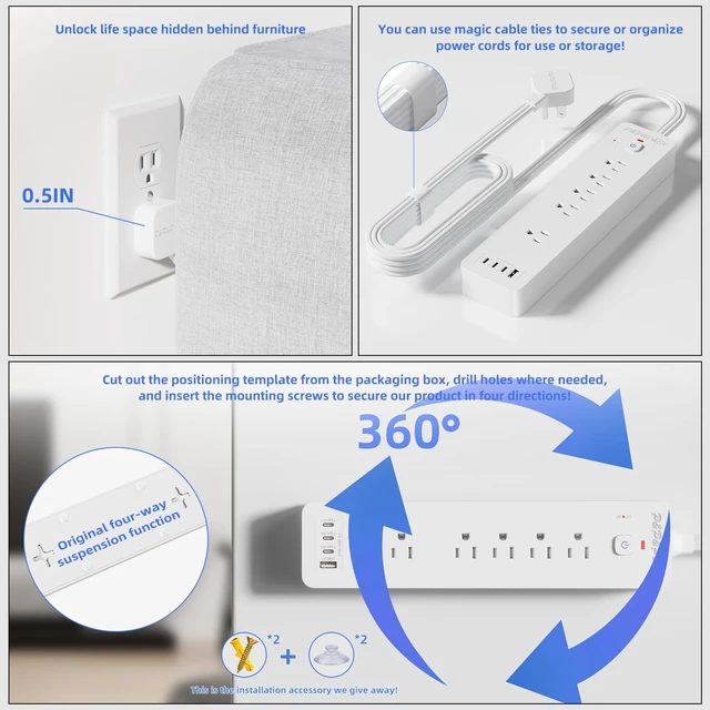 Alt view image 4 of 4 - Surge Protected Power Strip,4 USB Ports,Steady 20W Charging,5Ft, | Features 5 outlets & 4 USBs (1A+3C),5-foot flat plug extension cable,with overload & lightning protection,UL certified.