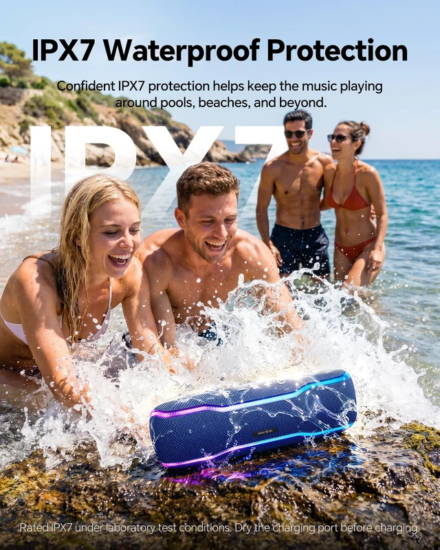 Alt view image 3 of 7 - Bluetooth Speaker, IPX7 Waterproof, 50W Peak, 24H Playtime, Midnight Blue | Flashing lights, TWS pairing, deep bass, ideal for beach trips, outdoor parties, birthdays, graduations and everyday use