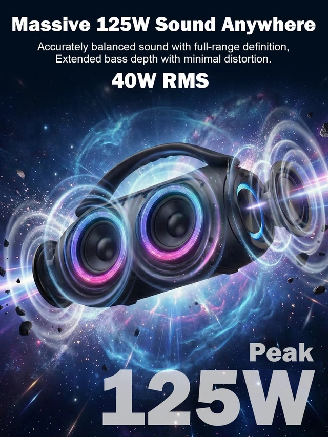 Alt view image 2 of 6 - Portable Bluetooth Speaker, 125W Peak, Loud Sound, IPX6 Waterproof | Bluetooth 5.3, 3 EQ Modes, TWS, Power Bank, speakers bluetooth wireless with Lights for Home, Beach, Camping & Tailgating