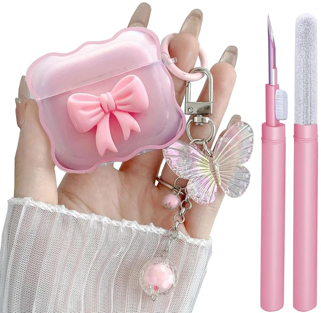 Main image of Compatible with AirPods 5 & 4 Clear Case Pink Bow for Women + Cleaner Kit | 3D Bow Pattern Desiged iPods 5 4 Soft TPU Cases with Cute Butterfly Keychain for Airpod 5 4 2026/2024 for Girls Women Pink