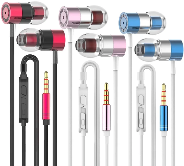 Main image of 3 Pairs Metal Wired Earbuds with Microphone & Volume Control, in Ear Earphones for School, Noise Islating, for 3.5mm Jack iPhone iPad iPod Samsung Google Devices (Mixed)