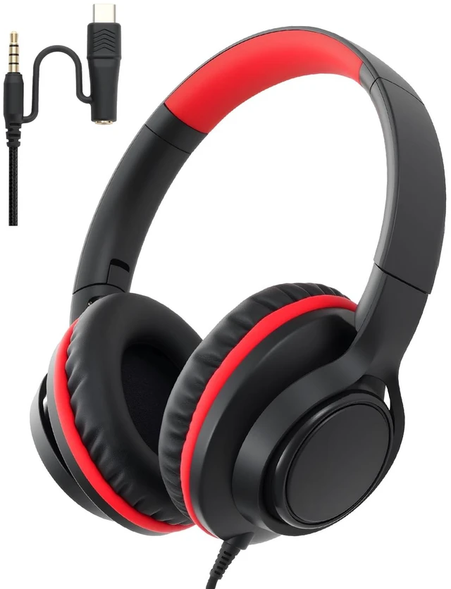 Main image of USB C & 3.5mm 2 in 1 Wired Headphones, Stereo Over Ear Headphones | HD Mic, Tangle-Free Nylon Cord, Foldable Headphones for iPad, Tablet, Laptop, Android, Black-Red