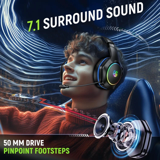 Alt view image 2 of 6 - Wireless Gaming Headset for PS5 PC, Dual Mode, Low Latency, Blue | 7.1 Surround Sound, Bluetooth+2.4GHz Dual Mode, Noise-Canceling Mic for FPS Battle Royale, 40Hrs for Switch, Mobile, Laptop