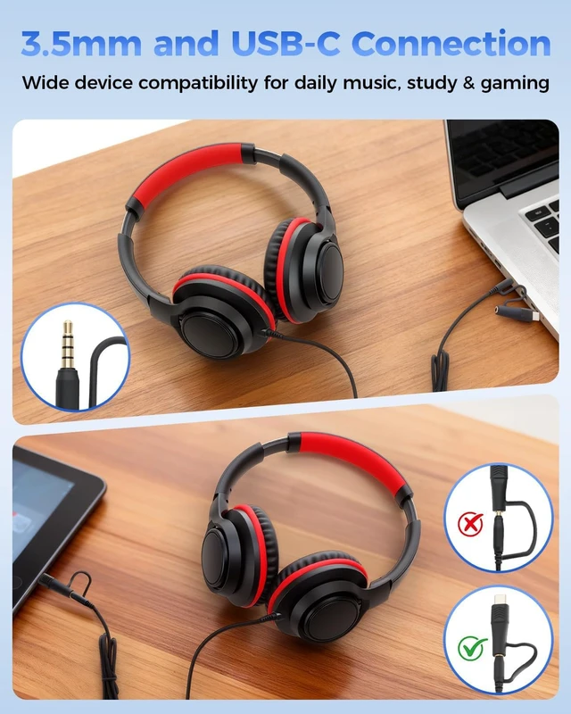 Alt view image 2 of 7 - USB C & 3.5mm 2 in 1 Wired Headphones, Stereo Over Ear Headphones | HD Mic, Tangle-Free Nylon Cord, Foldable Headphones for iPad, Tablet, Laptop, Android, Black-Red