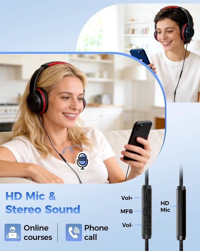 Alt view image 3 of 7 - USB C & 3.5mm 2 in 1 Wired Headphones, Stereo Over Ear Headphones | HD Mic, Tangle-Free Nylon Cord, Foldable Headphones for iPad, Tablet, Laptop, Android, Black-Red