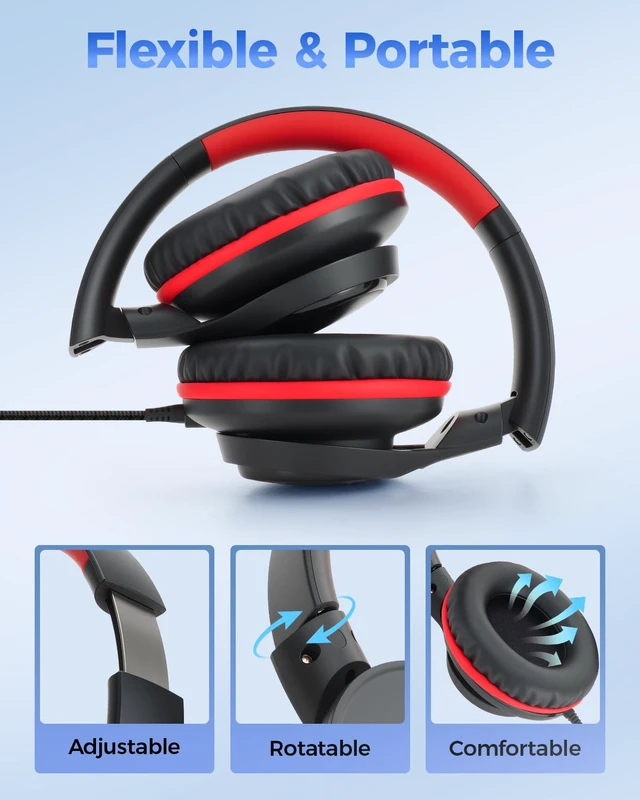 Alt view image 5 of 7 - USB C & 3.5mm 2 in 1 Wired Headphones, Stereo Over Ear Headphones | HD Mic, Tangle-Free Nylon Cord, Foldable Headphones for iPad, Tablet, Laptop, Android, Black-Red