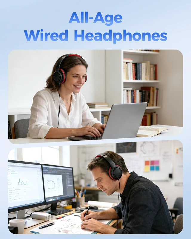 Alt view image 7 of 7 - USB C & 3.5mm 2 in 1 Wired Headphones, Stereo Over Ear Headphones | HD Mic, Tangle-Free Nylon Cord, Foldable Headphones for iPad, Tablet, Laptop, Android, Black-Red