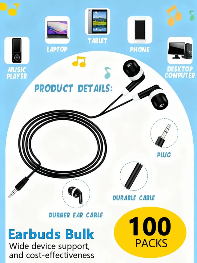 Alt view image 4 of 7 - 100-Pack Bulk Earbuds for Classroom & Library (Black & White) | Wired Headphones for School Students, Testing Centers & Training | No Microphone, 3.5mm Jack Compatible with iPad/PC