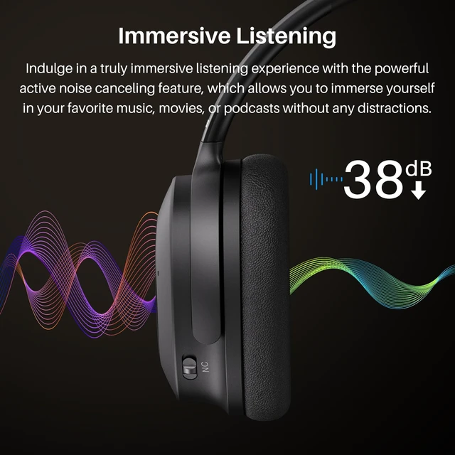 Alt view image 3 of 7 - Hybrid Active Noise Cancelling Headphones, Wireless Over Ear Bluetooth Headset, 40H Playtime, Hi-Res Audio Custom EQ via App Deep Bass Comfort Fit Ear Cups, for Home Office Travel Black