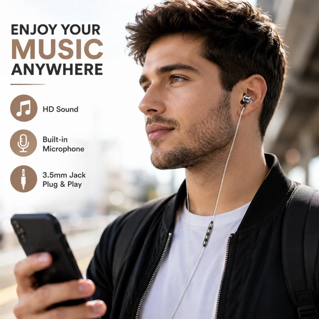 Alt view image 2 of 7 - SP3060VC Earbuds Wired in-Ear Headphones with Mic | Plug in, 3.5mm, Deep Bass, Corded, with Volume Control, S/M/L Ear Buds included