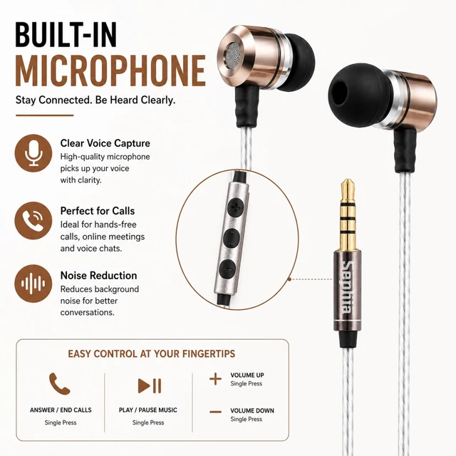 Alt view image 6 of 7 - SP3060VC Earbuds Wired in-Ear Headphones with Mic | Plug in, 3.5mm, Deep Bass, Corded, with Volume Control, S/M/L Ear Buds included