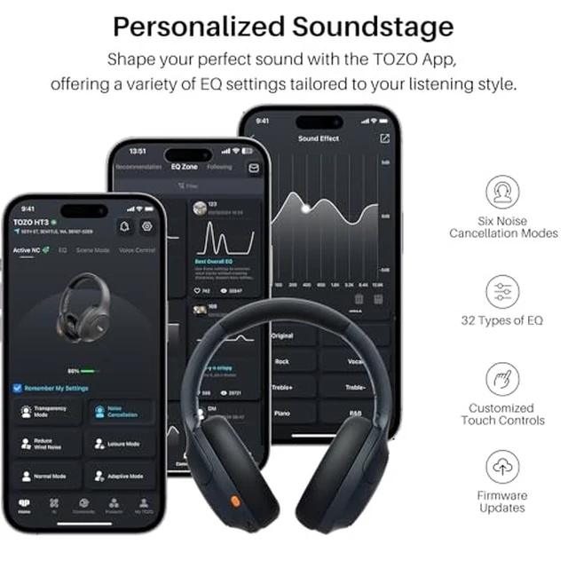 Alt view image 3 of 7 - HT3 Hybrid Noise Cancelling Headphones, 90H Playtime Spatial Audio AI Chat with 5 MicsNC3 Hybrid Active Noise Cancelling Wireless Earbuds with 6 Mics AI Clear Call Ear Buds