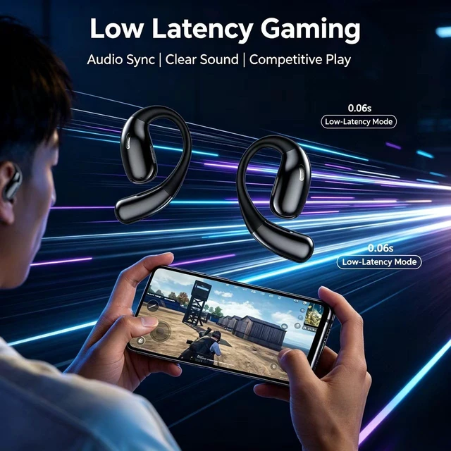 Alt view image 6 of 7 - 40H Long Playtime Open Ear Bluetooth Headphones, 400mAh Charging Case Wireless Open Ear Earbuds, Bluetooth 6.0 Stable Connection, Dual Music & Gaming Modes Sports EarphonesBlack