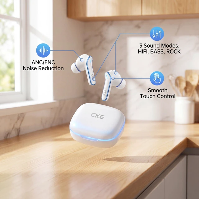 Alt view image 3 of 7 - CKE Wireless Earbuds - Active Noise Cancelling Bluetooth Headphones with ENC, 3 EQ Sound Modes (HIFI/BASS/ROCK), 400mAh Charging Case, Low Latency Game Mode, and 30H Total Playtime - White