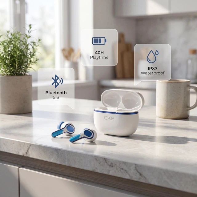 Alt view image 7 of 7 - CKE Wireless Earbuds - Active Noise Cancelling Bluetooth Headphones with ENC, 3 EQ Sound Modes (HIFI/BASS/ROCK), 400mAh Charging Case, Low Latency Game Mode, and 30H Total Playtime - White