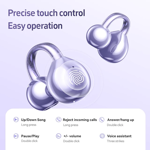 Alt view image 3 of 7 - Clip on Earbuds for Small Ears, Open Ear Wireless Bluetooth 5.4 Headphones, 40H Playtime Air Conduction, Comfort Fit for Glasses, Waterproof Sport Ear Buds with Digital Display & MIC